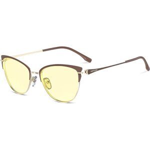 Women Brown Cat Eye Look Clear Frame Light Yellow Lens Anti Eyestrain Sunglasses
